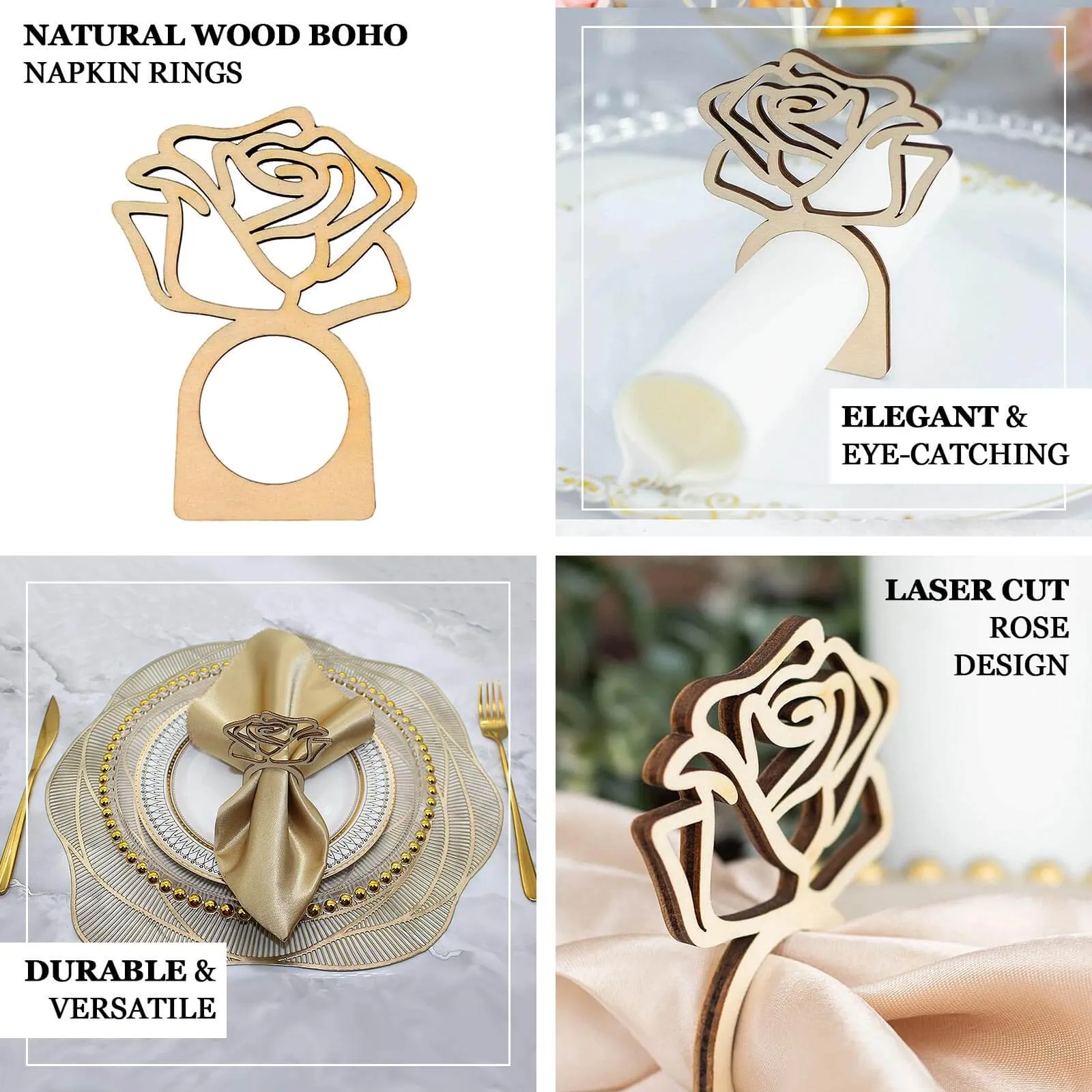 10 Pack 4" Natural Wood Laser Cut Rose Design Rustic Napkin Rings, Boho Farmhouse Napkin Holders