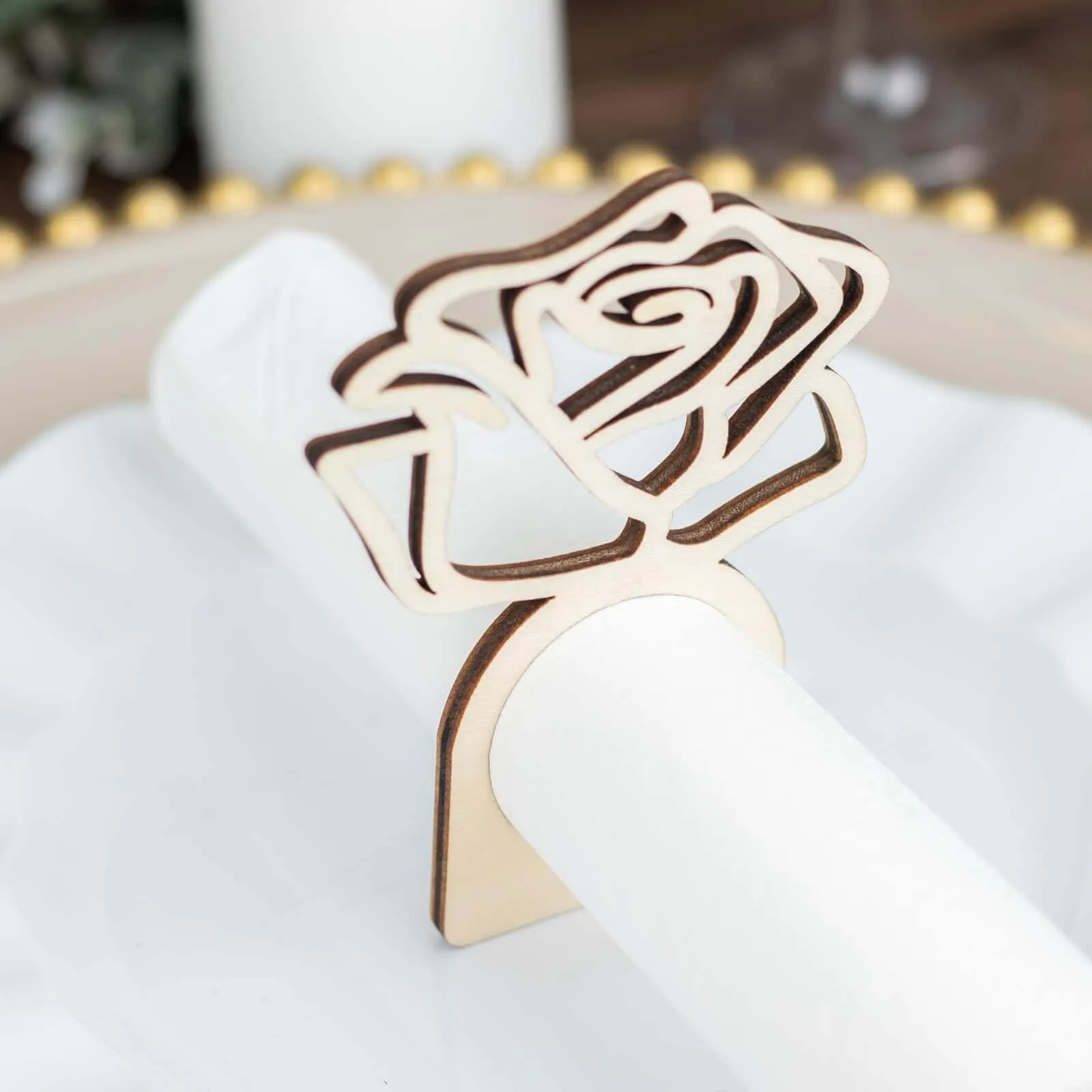 10 Pack 4" Natural Wood Laser Cut Rose Design Rustic Napkin Rings, Boho Farmhouse Napkin Holders