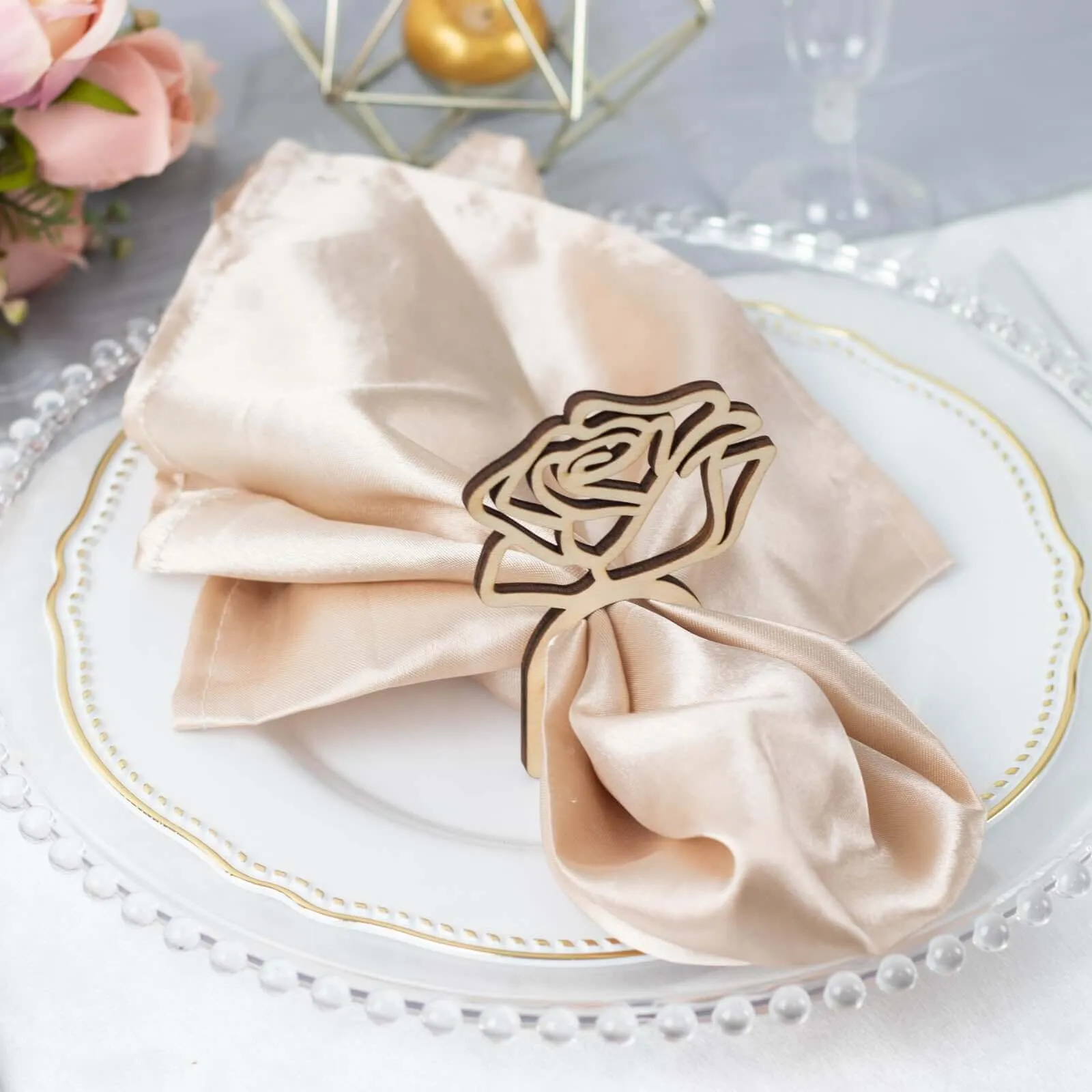 10 Pack 4" Natural Wood Laser Cut Rose Design Rustic Napkin Rings, Boho Farmhouse Napkin Holders