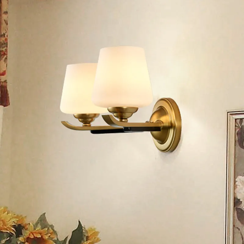 1/2-Head Up Sconce Traditional Indoor Wall Mounted Lamp with Opal Glass Shade in Brass