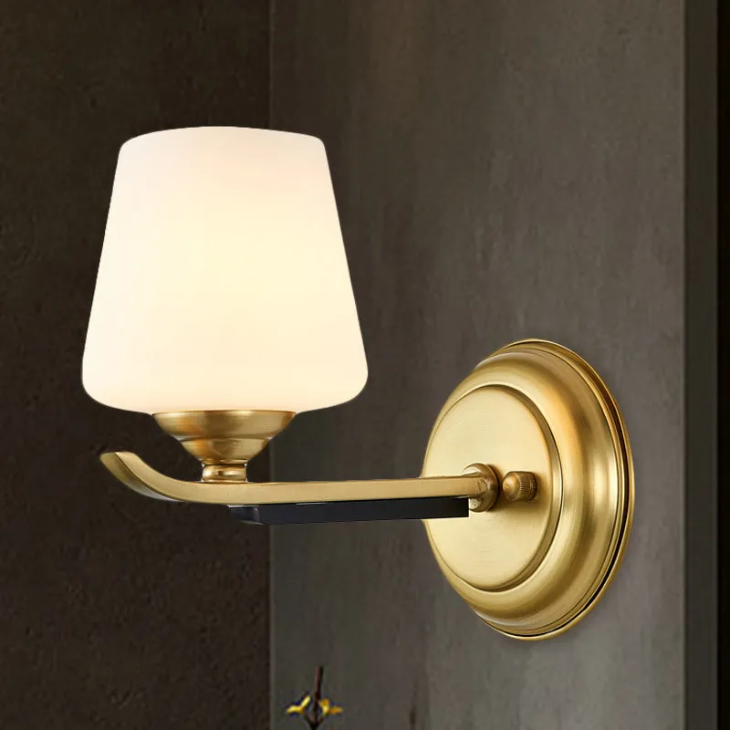 1/2-Head Up Sconce Traditional Indoor Wall Mounted Lamp with Opal Glass Shade in Brass