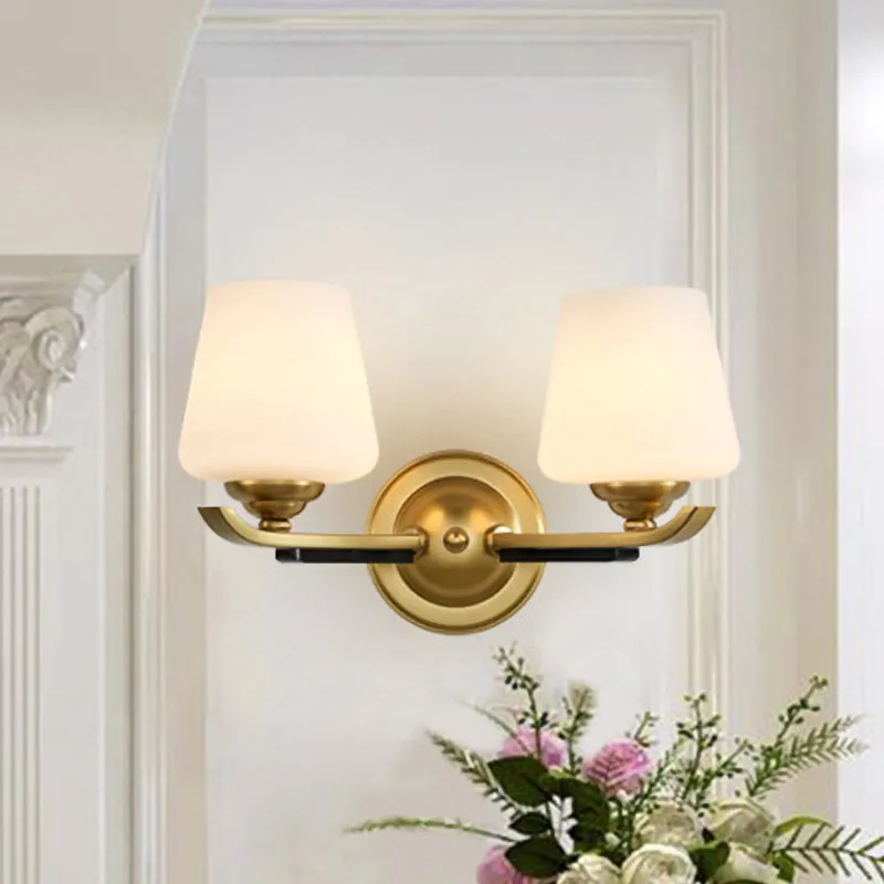 1/2-Head Up Sconce Traditional Indoor Wall Mounted Lamp with Opal Glass Shade in Brass