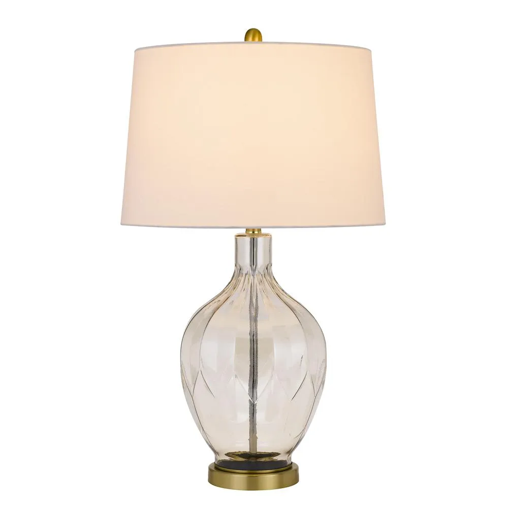 150W 3 Way Bancroft Glass Table Lamp With Hardback Taper Drum Fabric Shade, Clear/Antique Brass By Cal Lighting