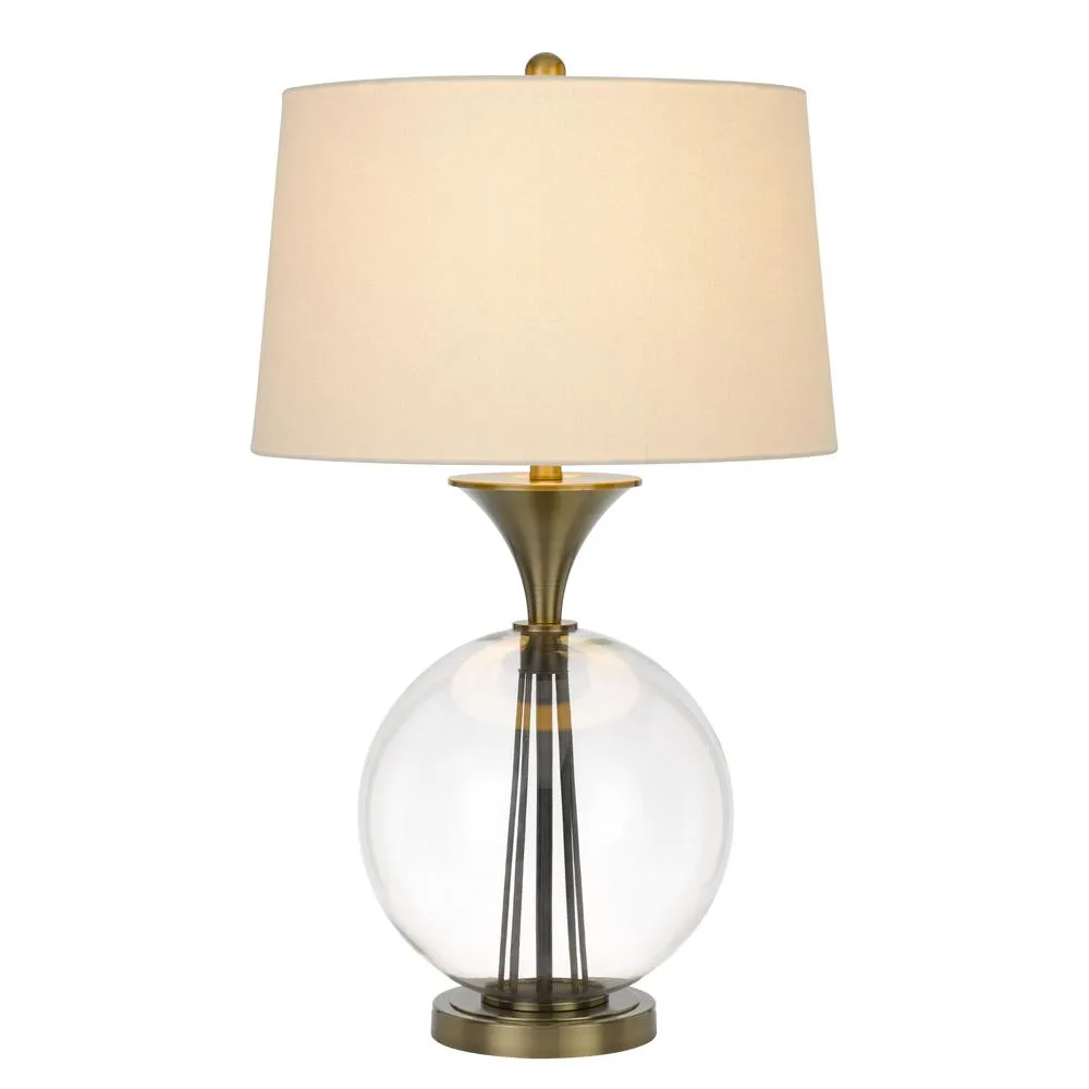 150W 3 Way Moxee Glass/Metal Table Lamp With Hardback Taper Drum Fabric Shade, Glass/Antique Brass By Cal Lighting