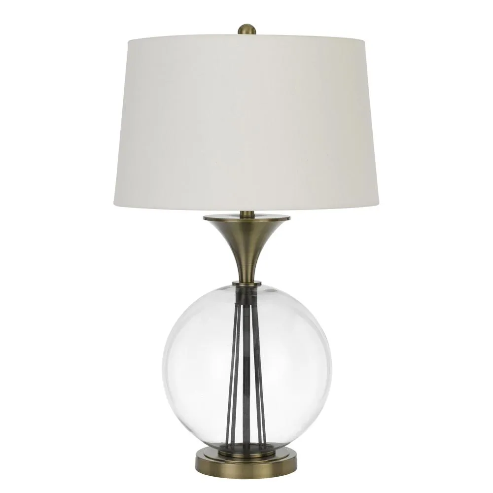 150W 3 Way Moxee Glass/Metal Table Lamp With Hardback Taper Drum Fabric Shade, Glass/Antique Brass By Cal Lighting