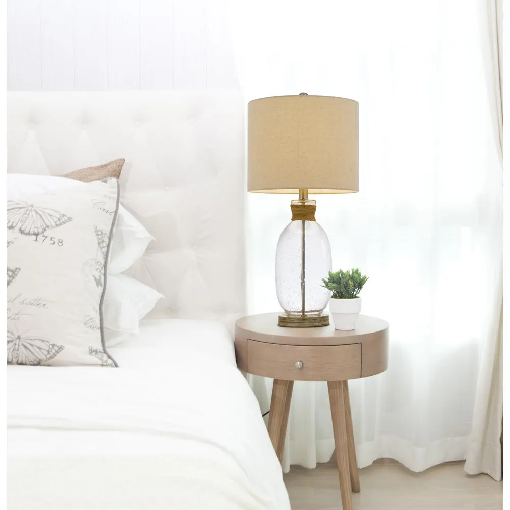 150W 3 Way Seymour Bubbled Glass Table Lamp With Resin Base And Hardback Drum Linen Shade By Cal Lighting