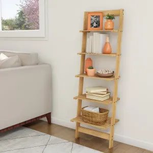 5 Tier Ladder Wooden Narrow Leaning Shelf, Oak