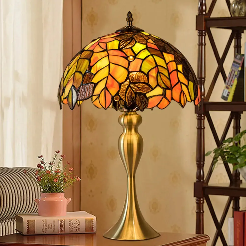 Abigail - Baroque 1-Light Leaf Patterned Night Lamp Baroque Gold Finish Hand Cut Glass Table Lighting with Dome Shade