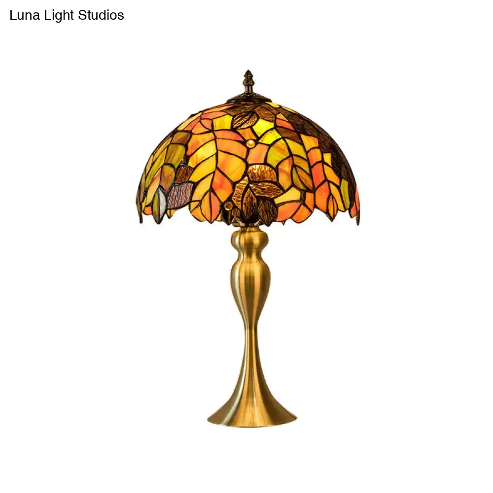 Abigail - Baroque 1-Light Leaf Patterned Night Lamp Baroque Gold Finish Hand Cut Glass Table Lighting with Dome Shade