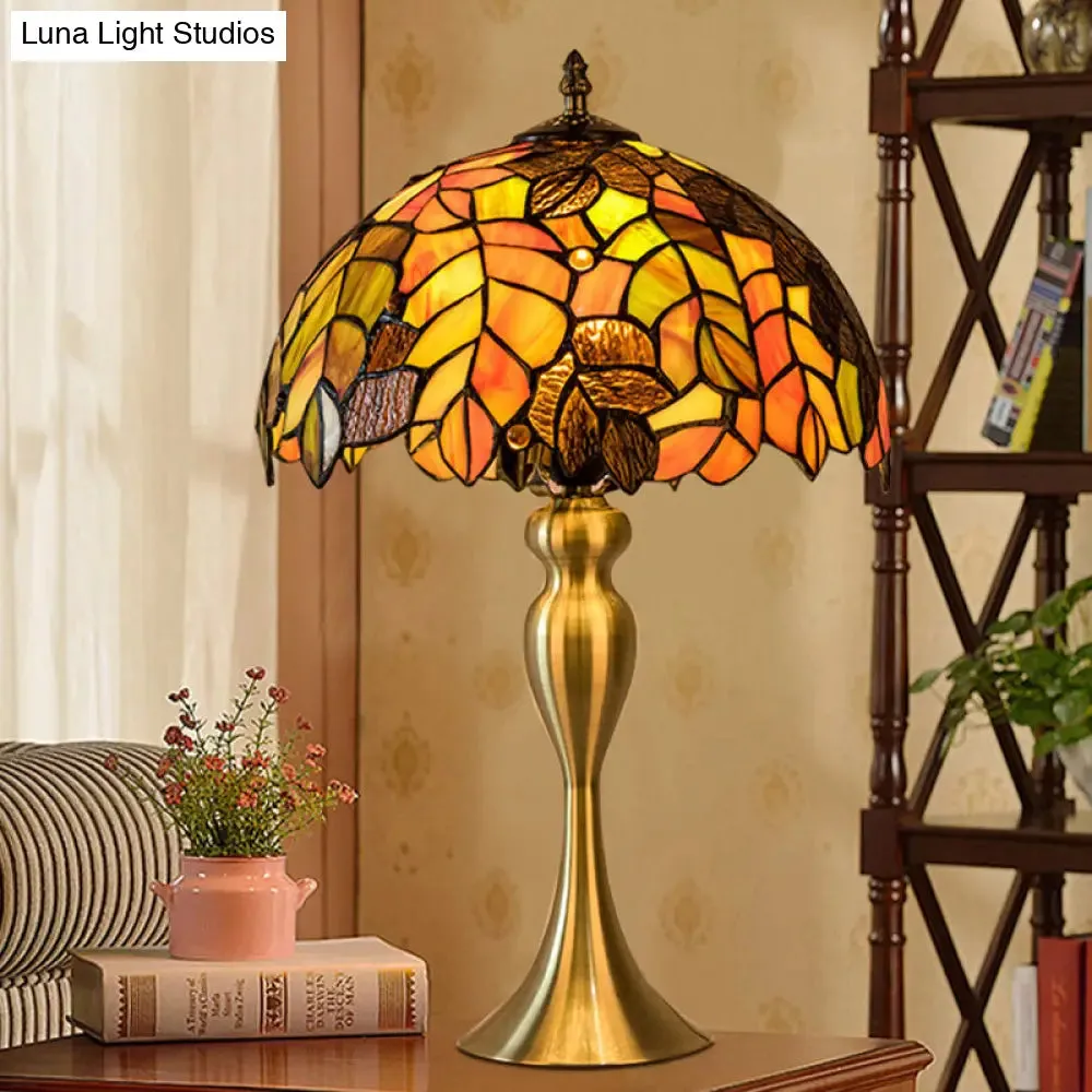 Abigail - Baroque 1-Light Leaf Patterned Night Lamp Baroque Gold Finish Hand Cut Glass Table Lighting with Dome Shade