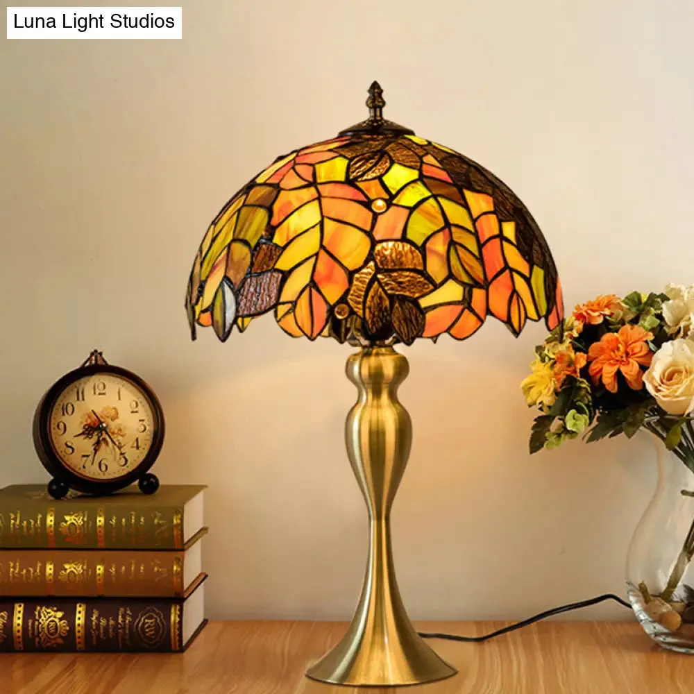 Abigail - Baroque 1-Light Leaf Patterned Night Lamp Baroque Gold Finish Hand Cut Glass Table Lighting with Dome Shade