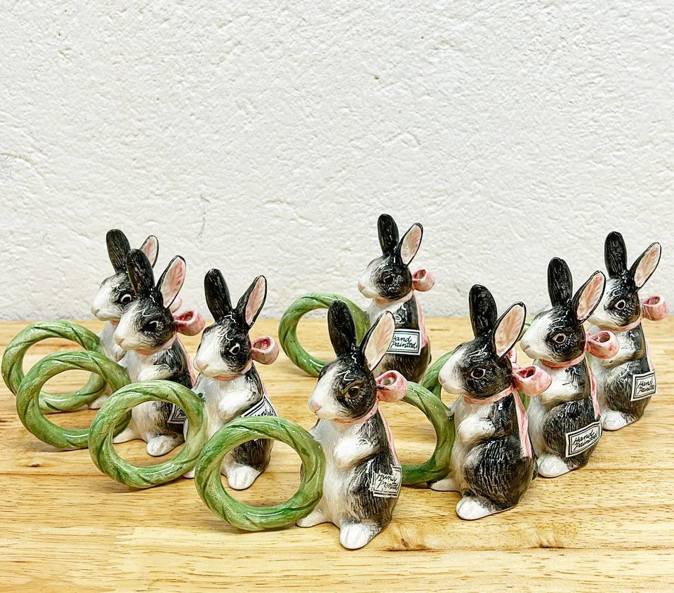 Adorable set of 8 vintage 80s stamped Fitz & Floyd bunny napkin ring holders.