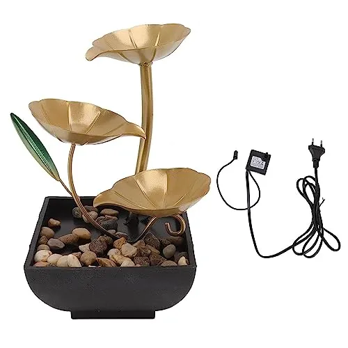 ATIRAMANIYA Metal Tabletop Water Fountain-Decor Ornaments with Waterfall Desktop Lotus Fountains,Deep Basin and Natural River Rocks, Indoor Zen Relaxation for Office,Bedroom Decor Item(Golden, 1 PCS)