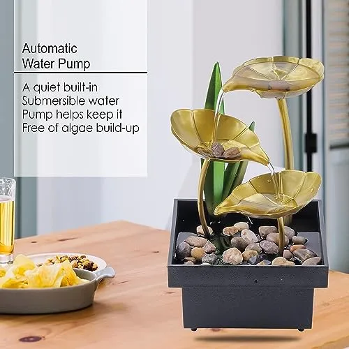 ATIRAMANIYA Metal Tabletop Water Fountain-Decor Ornaments with Waterfall Desktop Lotus Fountains,Deep Basin and Natural River Rocks, Indoor Zen Relaxation for Office,Bedroom Decor Item(Golden, 1 PCS)