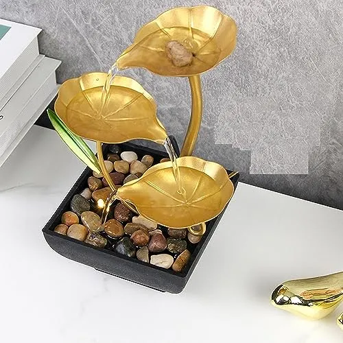 ATIRAMANIYA Metal Tabletop Water Fountain-Decor Ornaments with Waterfall Desktop Lotus Fountains,Deep Basin and Natural River Rocks, Indoor Zen Relaxation for Office,Bedroom Decor Item(Golden, 1 PCS)