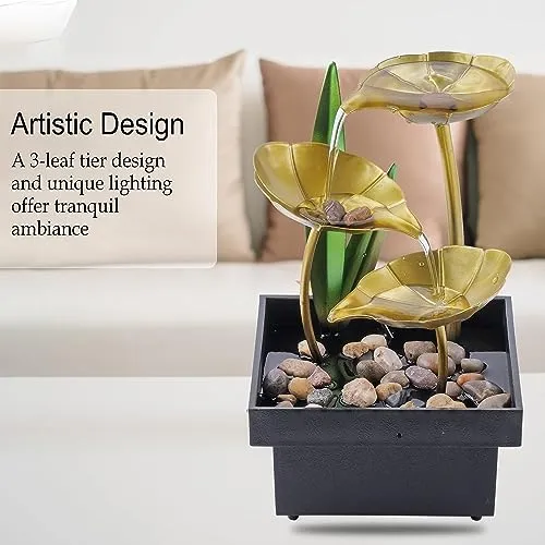 ATIRAMANIYA Metal Tabletop Water Fountain-Decor Ornaments with Waterfall Desktop Lotus Fountains,Deep Basin and Natural River Rocks, Indoor Zen Relaxation for Office,Bedroom Decor Item(Golden, 1 PCS)