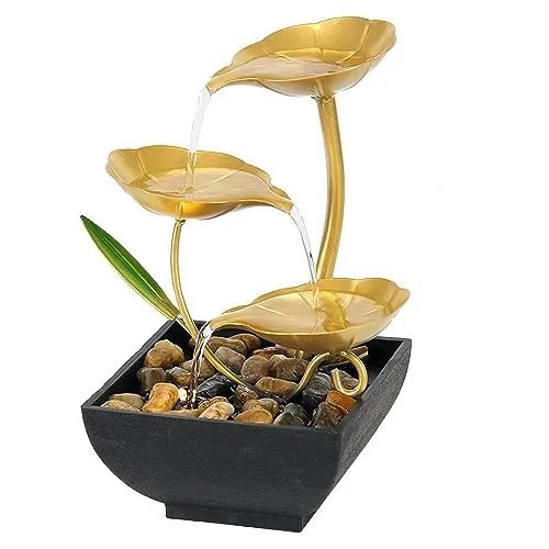 ATIRAMANIYA Metal Tabletop Water Fountain-Decor Ornaments with Waterfall Desktop Lotus Fountains,Deep Basin and Natural River Rocks, Indoor Zen Relaxation for Office,Bedroom Decor Item(Golden, 1 PCS)