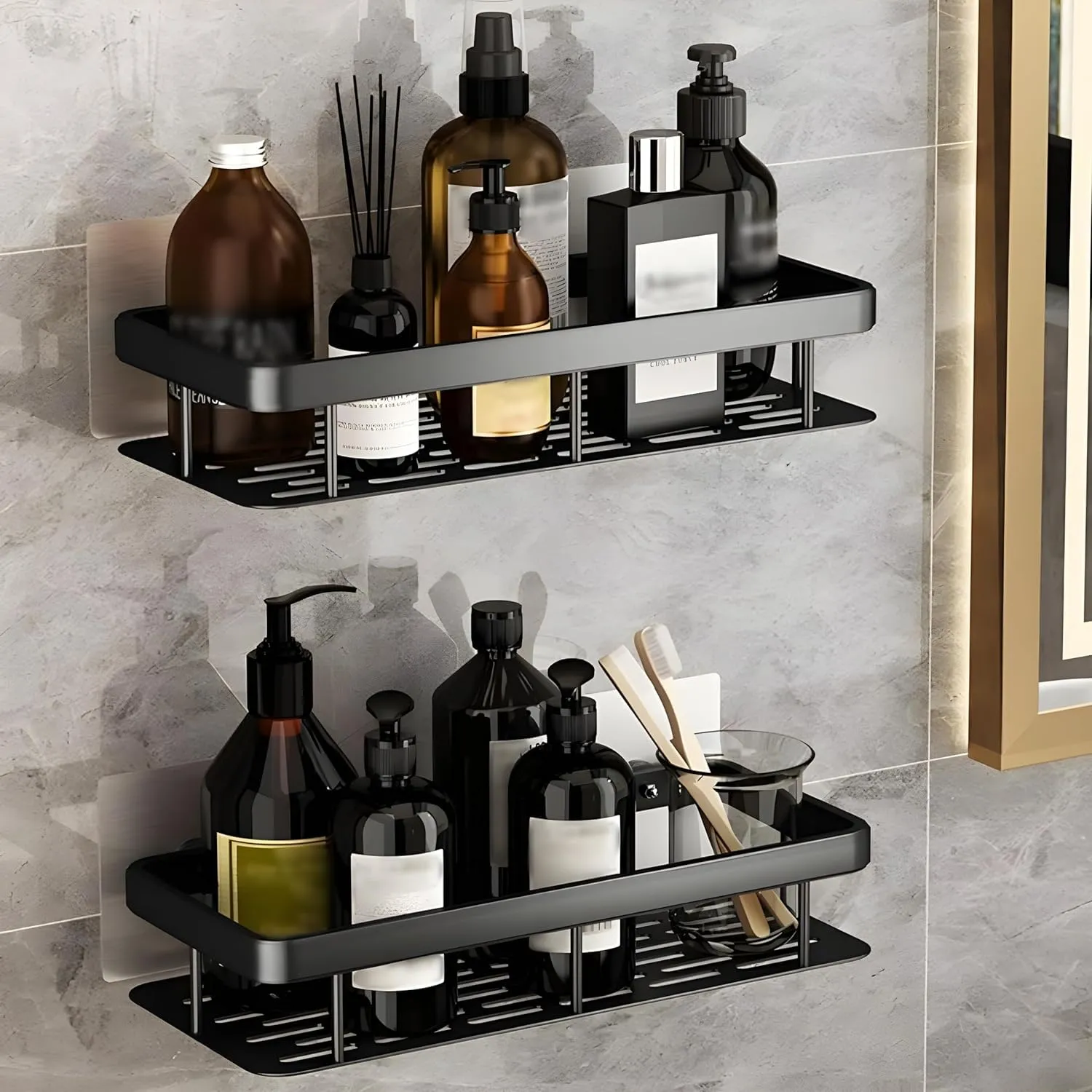 BINSBARRY Self-Adhesive Multipurpose Wall Mounted Bathroom Shelf and Rack for Bathroom and Kitchen, Space Saving Bathroom Organizer Shelf, Punch Free Wall Shelves, Wall Stand (Pack of 1, Black Shelf)