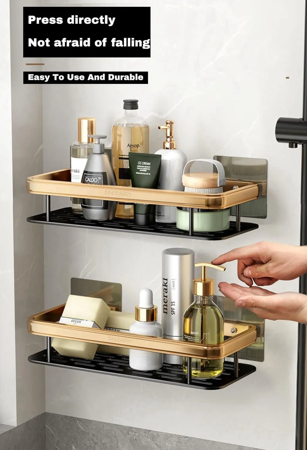 BINSBARRY Self-Adhesive Multipurpose Wall Mounted Bathroom Shelf and Rack for Bathroom and Kitchen, Space Saving Bathroom Organizer Shelf, Punch Free Wall Shelves, Wall Stand (Pack of 1, Gold Shelf)