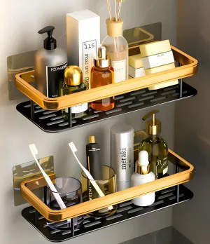 BINSBARRY Self-Adhesive Multipurpose Wall Mounted Bathroom Shelf and Rack for Bathroom and Kitchen, Space Saving Bathroom Organizer Shelf, Punch Free Wall Shelves, Wall Stand (Pack of 1, Gold Shelf)