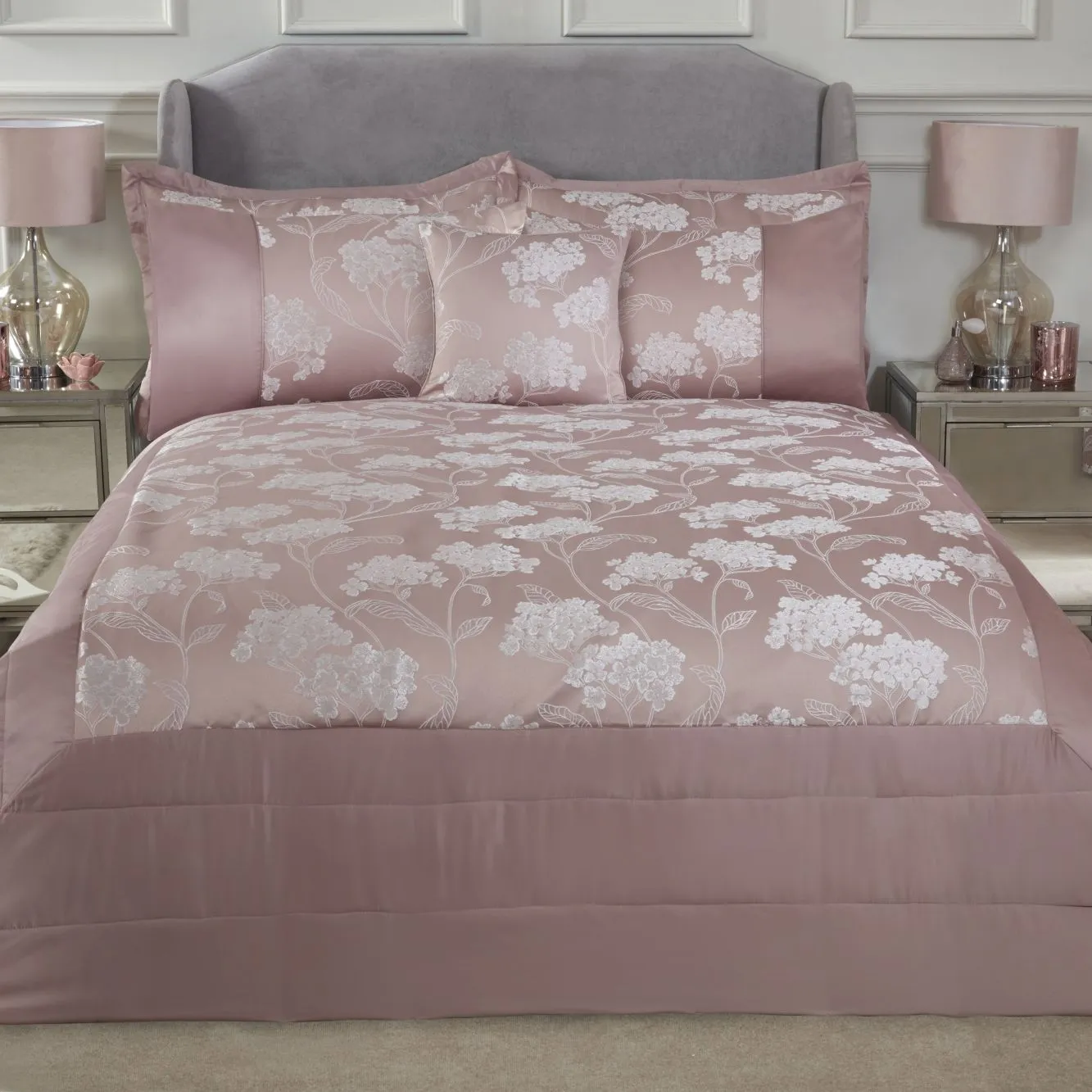 Blossom Blush Pink Embellished Jacquard Quilted Bedspread Set (220cm x 240cm)