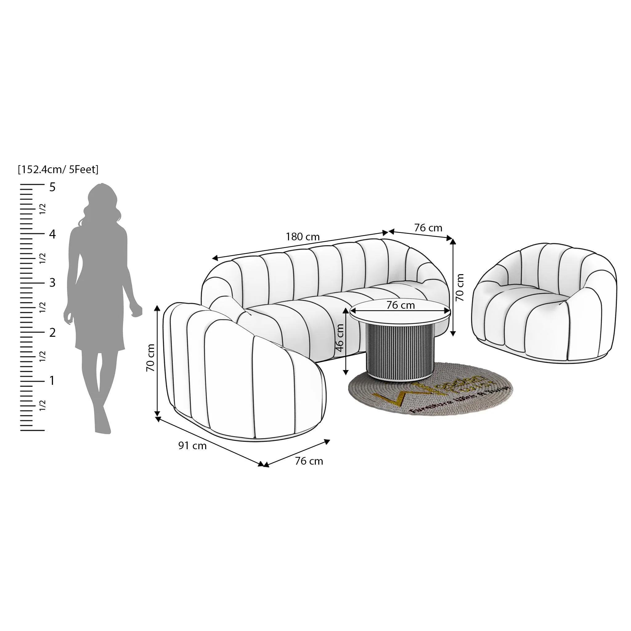 Collin Modern Oval Shape Sofa Set With Center Table