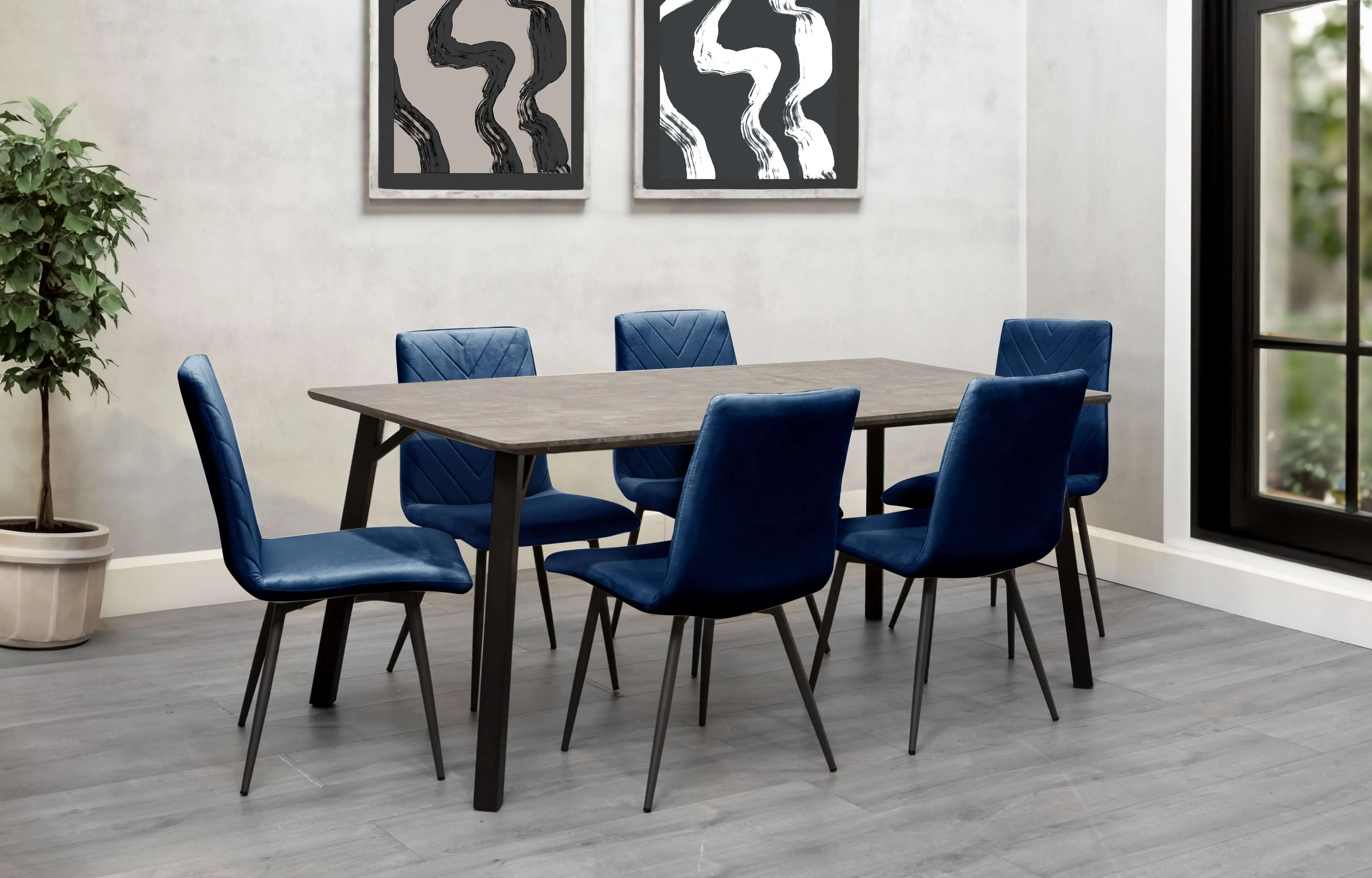 Concrete Effect Table 1.8m & 6 x Blue Velvet Chairs