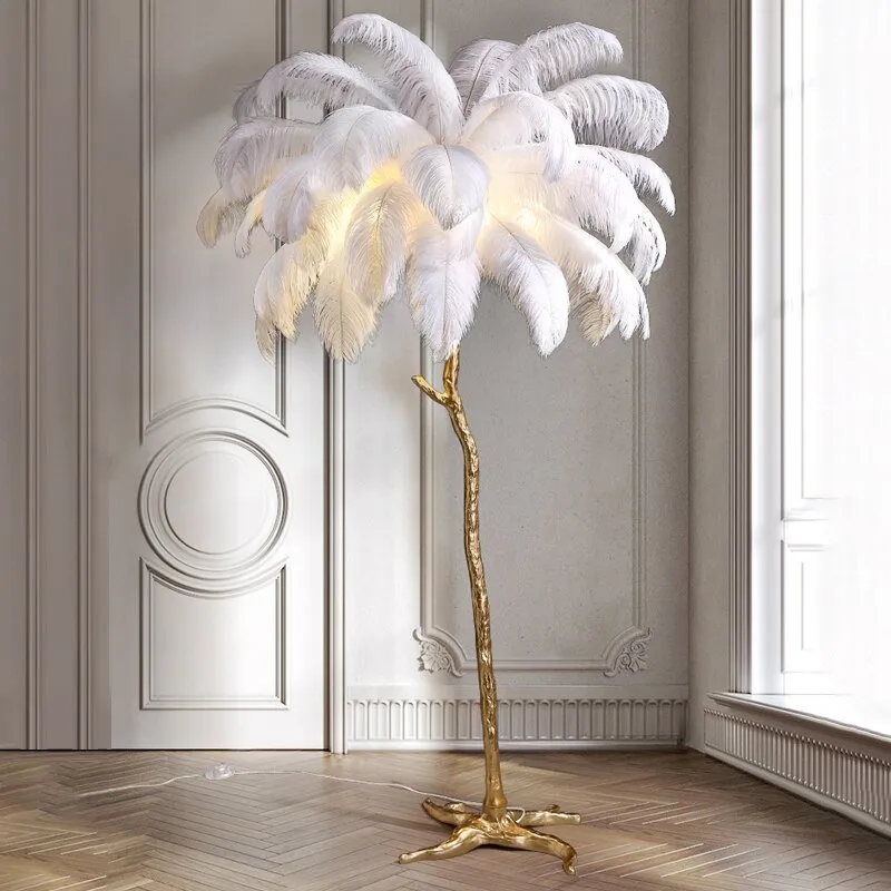 Elegant Ostrich Feather LED Floor Lamp with Copper Base