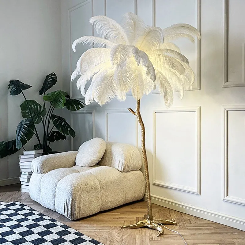 Elegant Ostrich Feather LED Floor Lamp with Copper Base