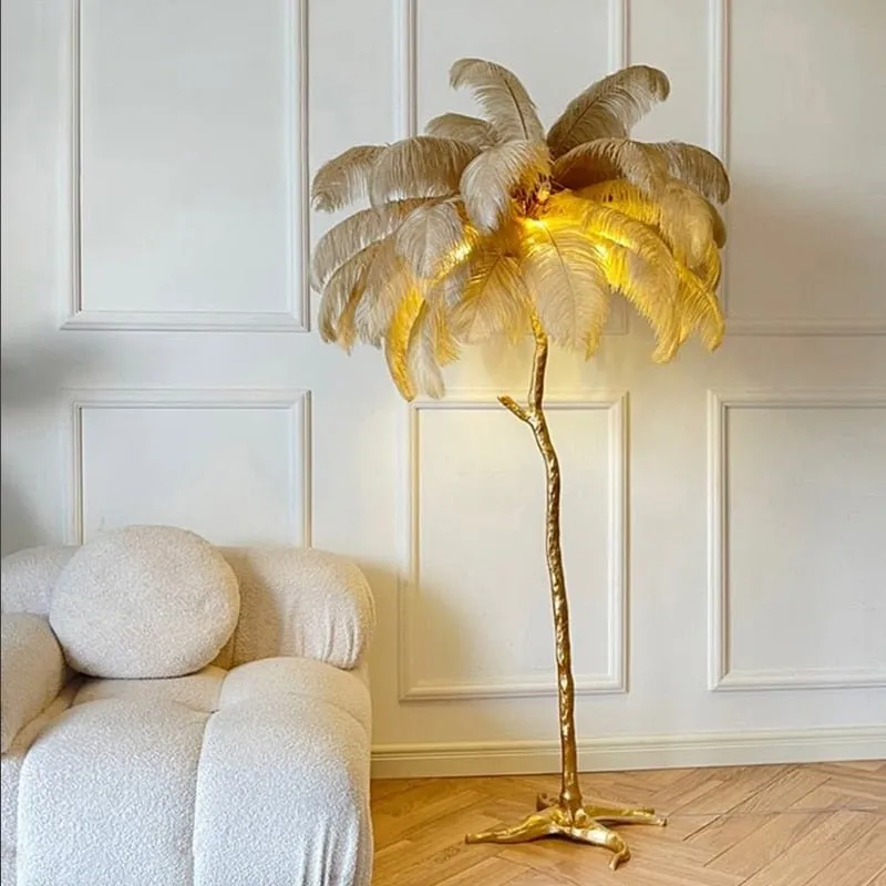 Elegant Ostrich Feather LED Floor Lamp with Copper Base