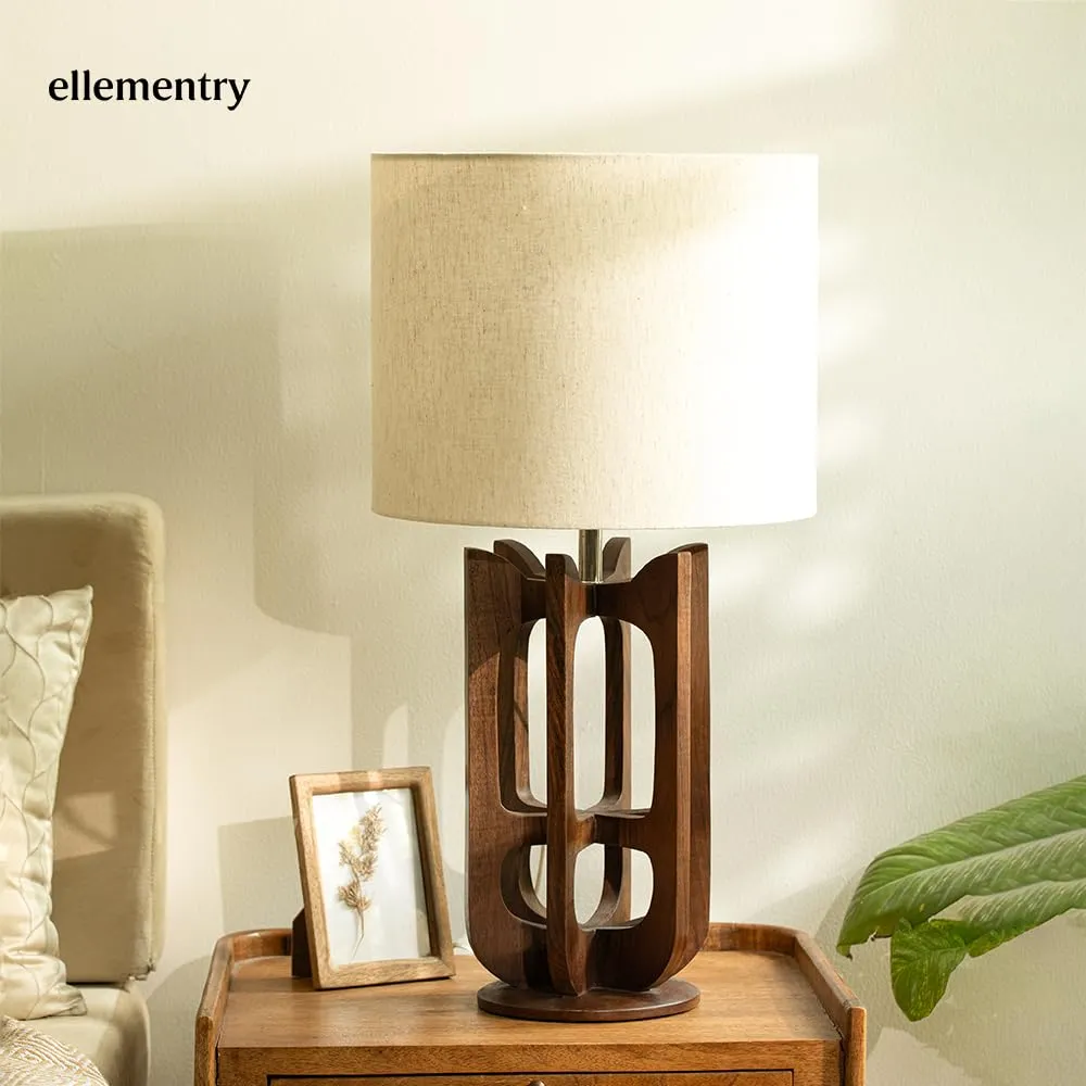 Ellementry Diwali Gift- Gren Wooden Lamp with Shade (White) | Table Lamp for Bedroom and Living Room | Decorative Bedside Night Lamps | Diwali Decoration Items for Home Decor