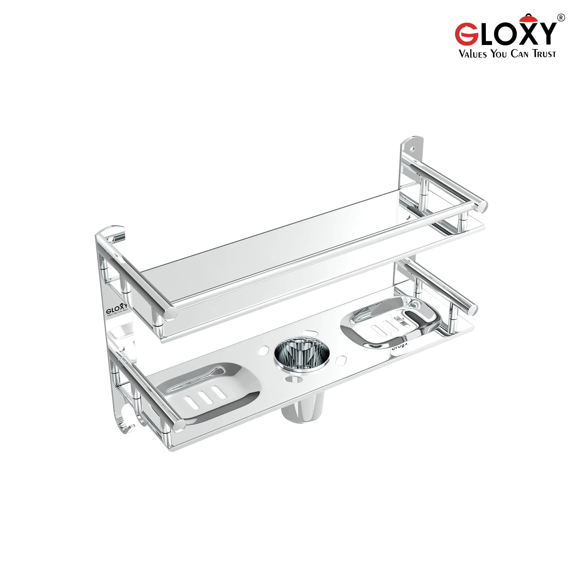 GLOXY 4 in 1 Multipurpose Stainless Steel Bathroom Shelf | Soap Holder with Toothbrush Holder | Towel Rack for Bathroom Accessories and Fittings (15 x 5 Inches)