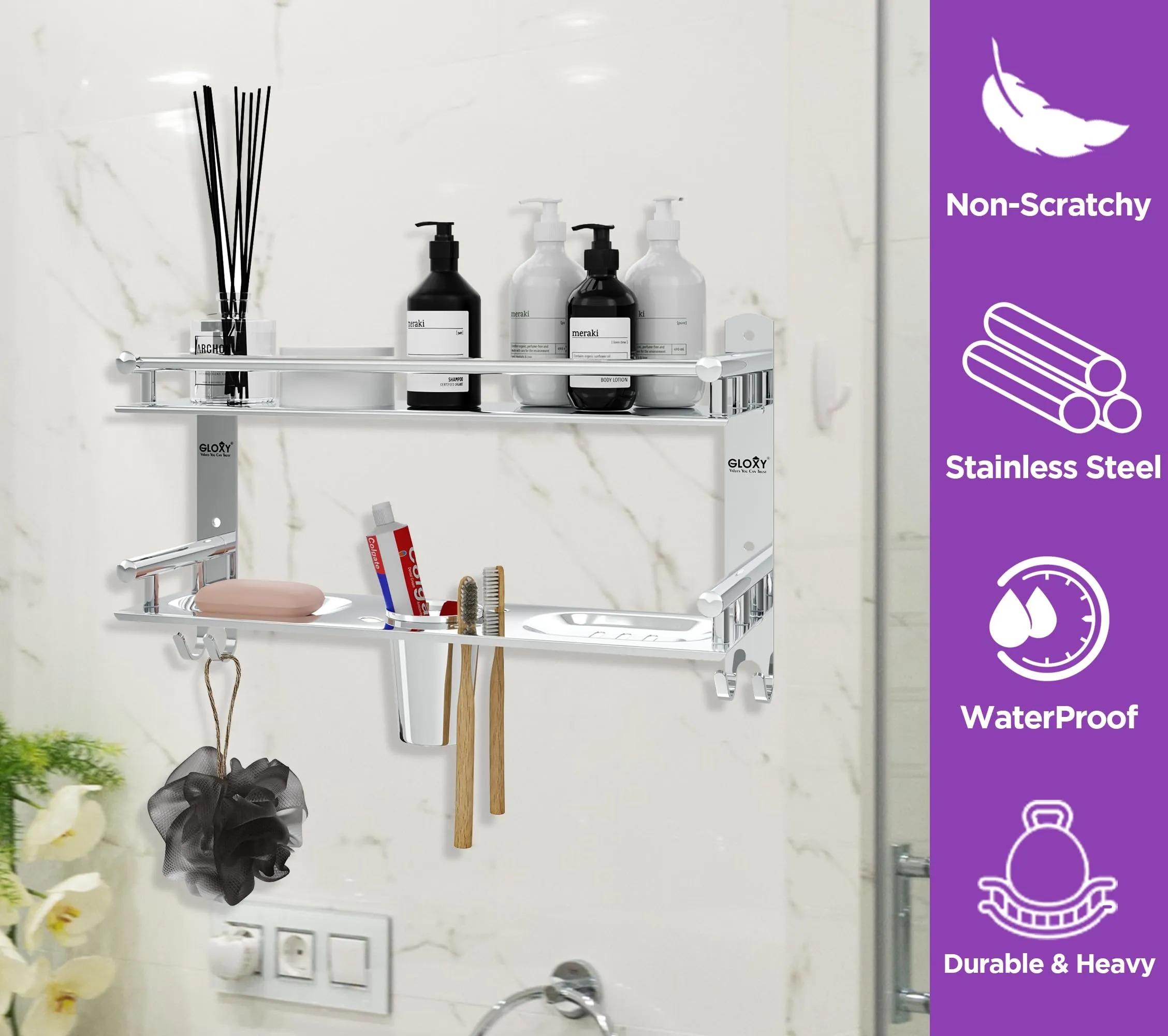 GLOXY 4 in 1 Multipurpose Stainless Steel Bathroom Shelf | Soap Holder with Toothbrush Holder | Towel Rack for Bathroom Accessories and Fittings (15 x 5 Inches)