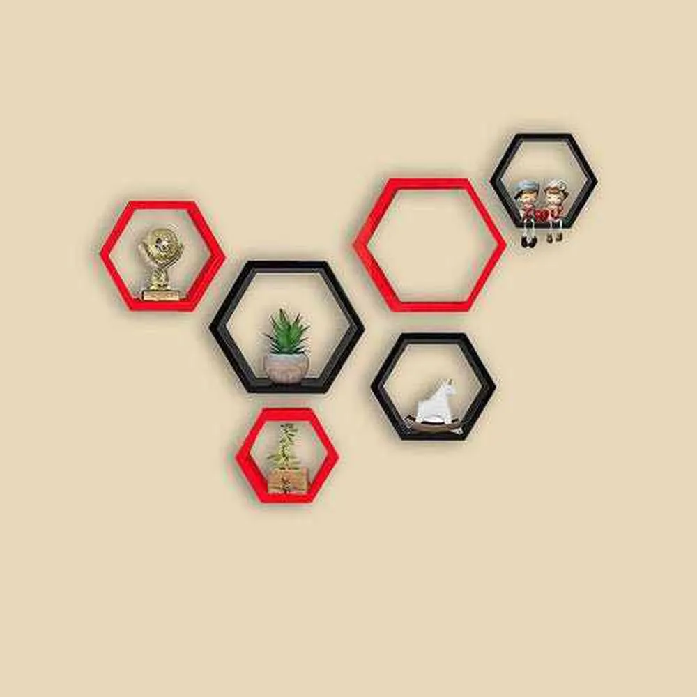 Hexagon Wall Shelves Wooden Shelf Home Decor Items Rack (Set of 6)