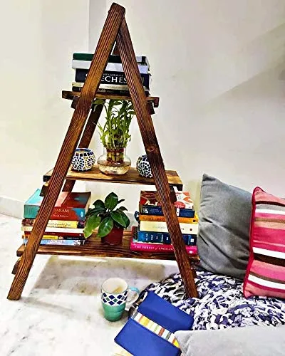 HIDEN® Wooden Ladder Shelve Bookshelf Finish Pine Wood Shelf Home Decorative for Showpiece Plant Stand - 3 Feet