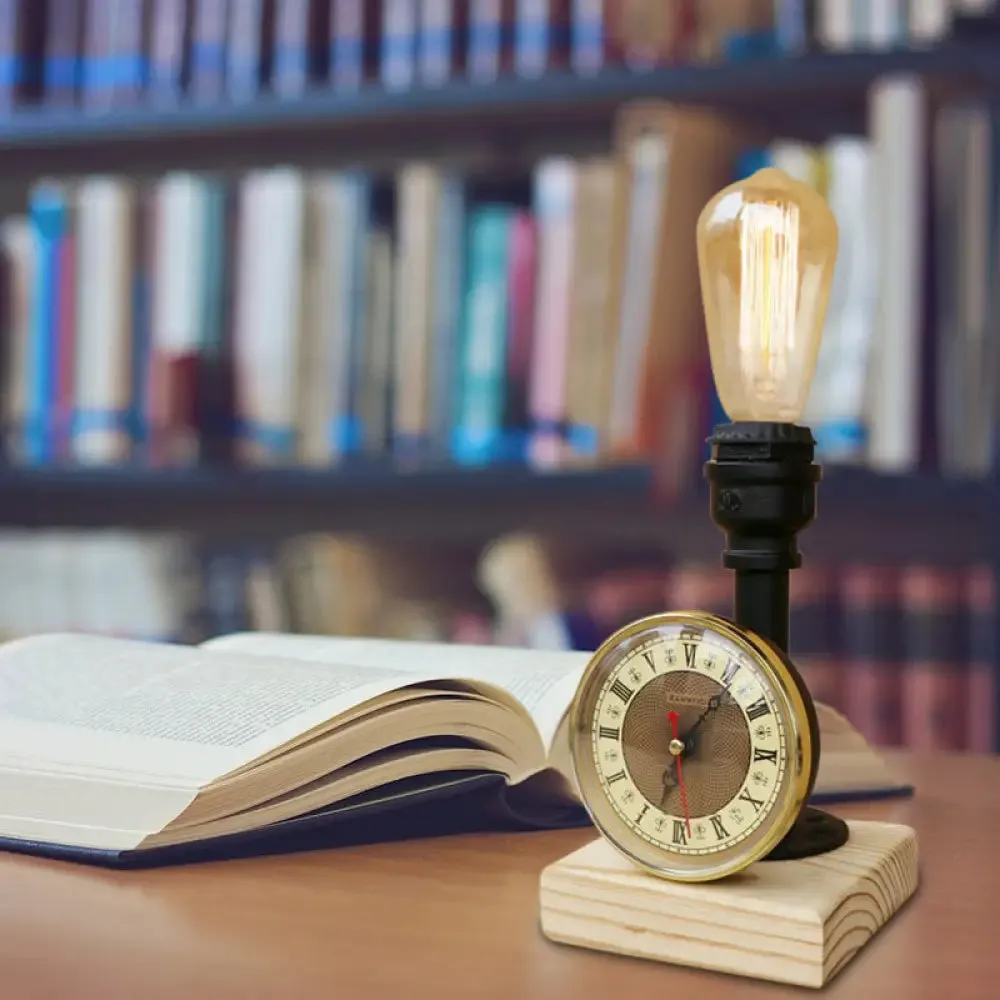 Industrial Metal Table Lamp with Clock and Wood Base - Black Finish