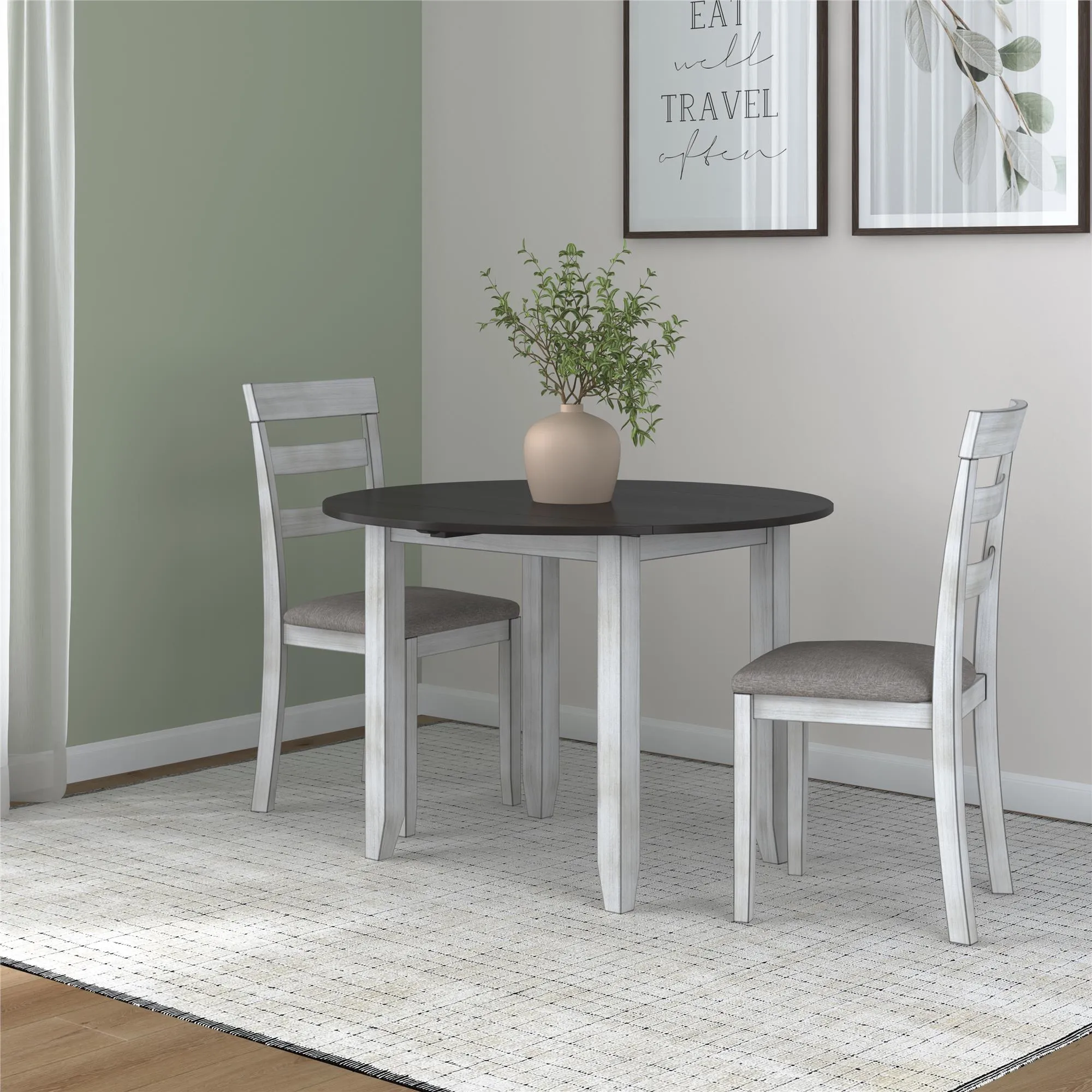 Jersey 3-Piece Drop Leaf Wood Dining Set with Round Table and 2 Chairs