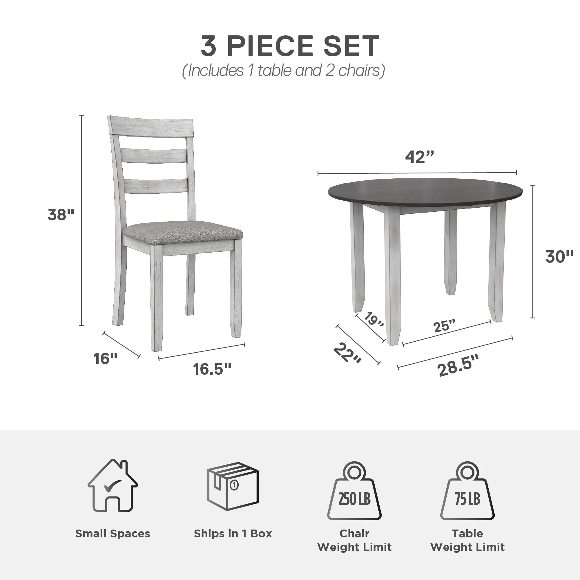 Jersey 3-Piece Drop Leaf Wood Dining Set with Round Table and 2 Chairs