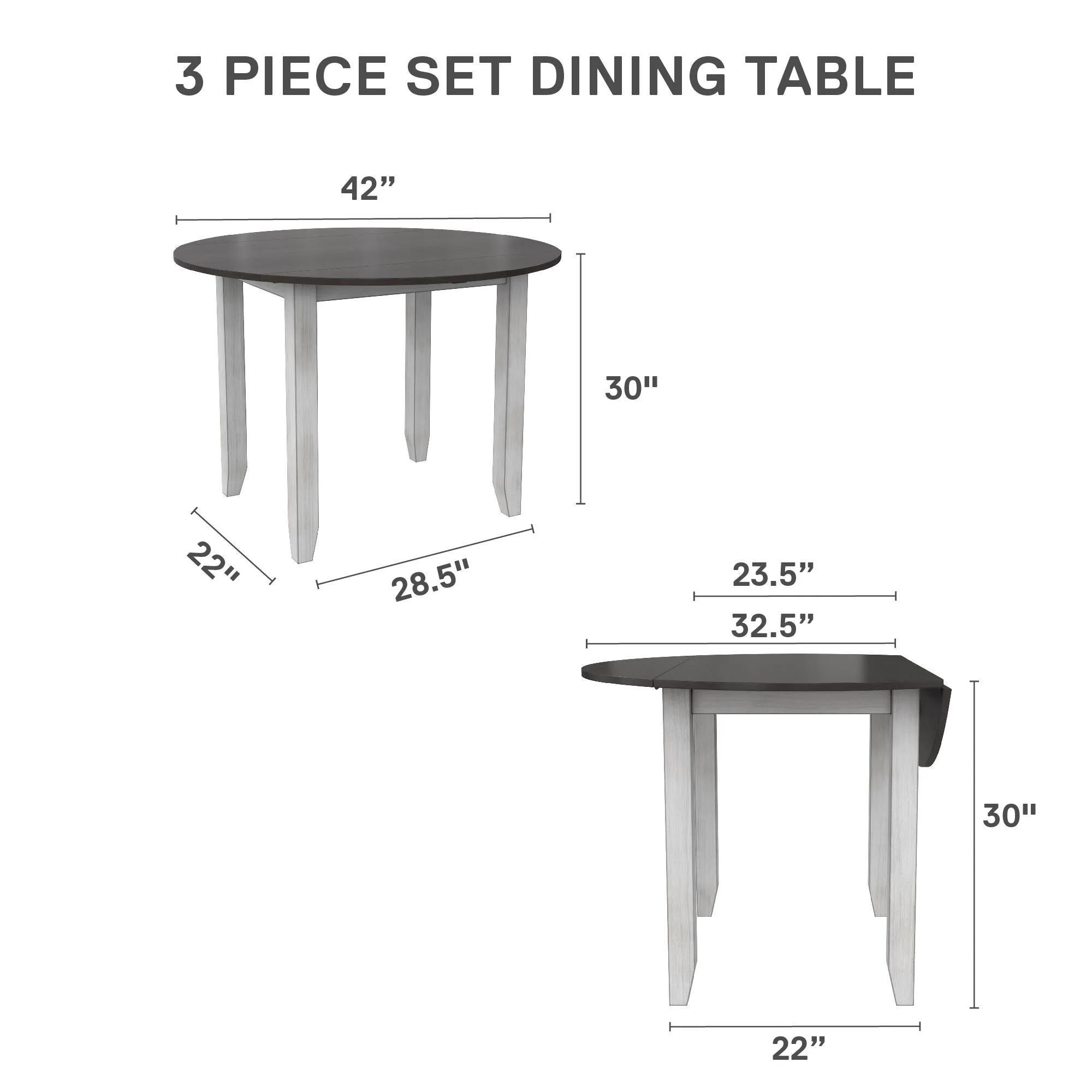 Jersey 3-Piece Drop Leaf Wood Dining Set with Round Table and 2 Chairs