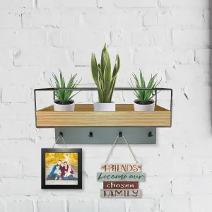 MDF & Metal Shelf with Hooks | Natural & Black