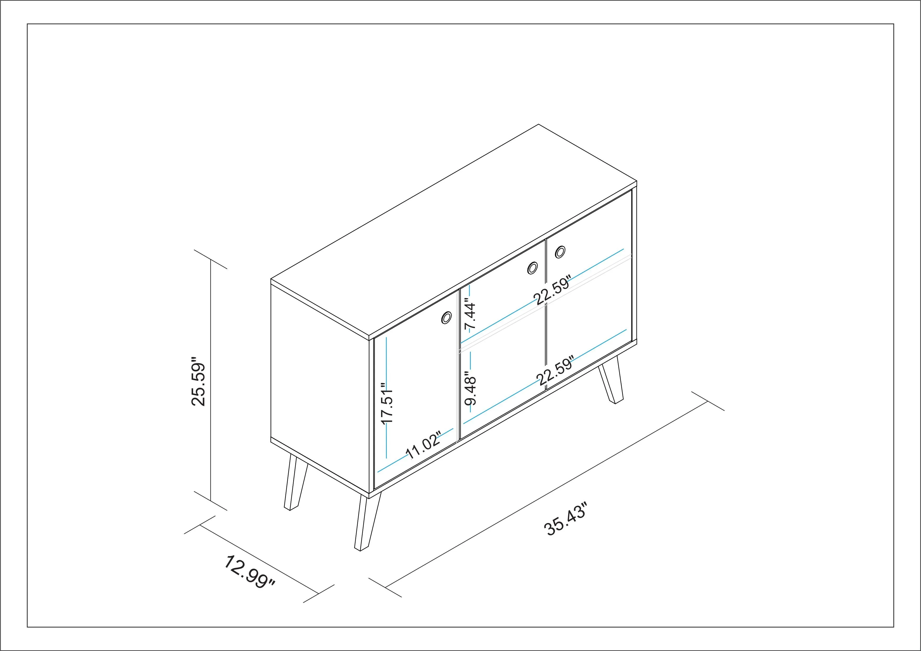 Mid-Century- Modern Bromma 35.43" Sideboard 2.0 with 3 Shelves in Oak and Aqua Blue