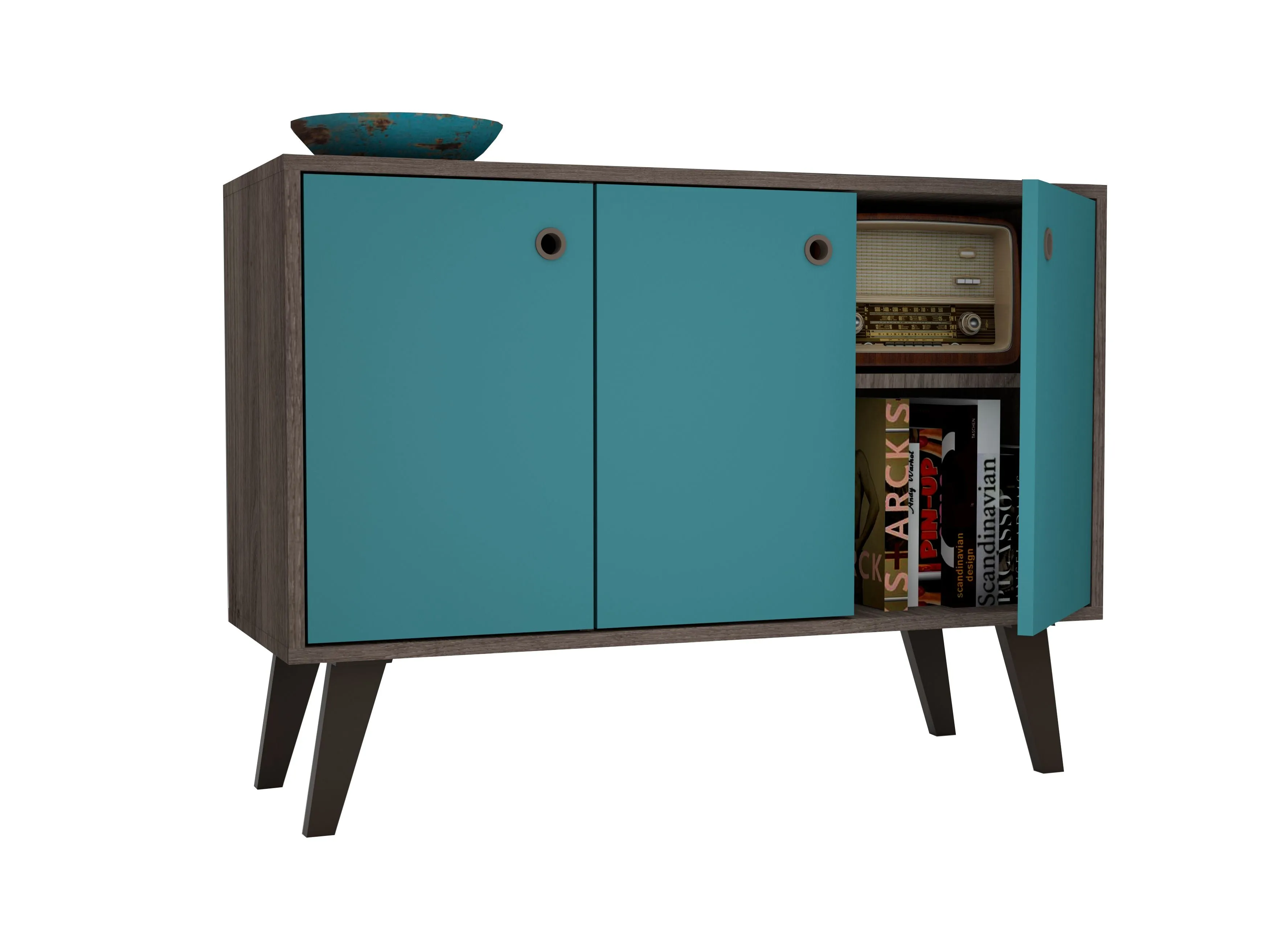 Mid-Century- Modern Bromma 35.43" Sideboard 2.0 with 3 Shelves in Oak and Aqua Blue