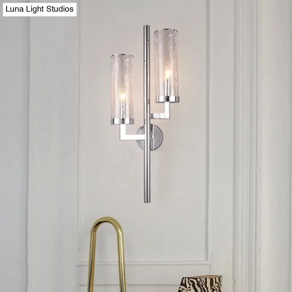 Modern Chrome Armed Wall Lamp with Crackle Glass Shade - 2 Bulb Metal Sconce Light Fixture