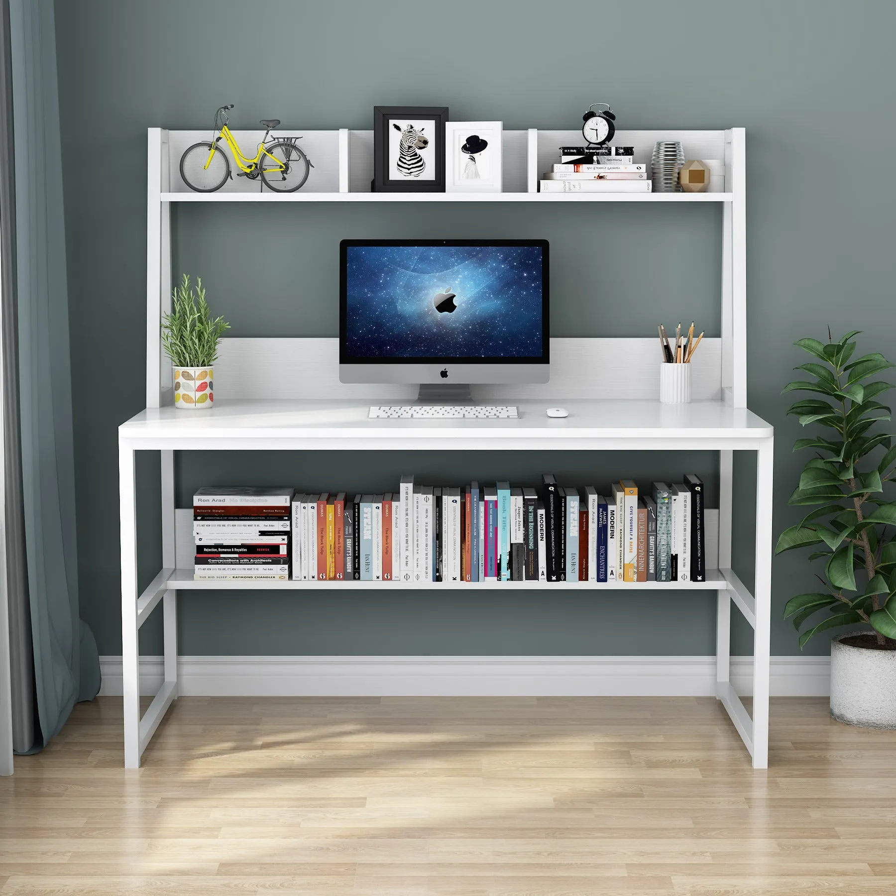 Modern Computer Desk with Hutch, 47" Office Desk with Storage Shelves