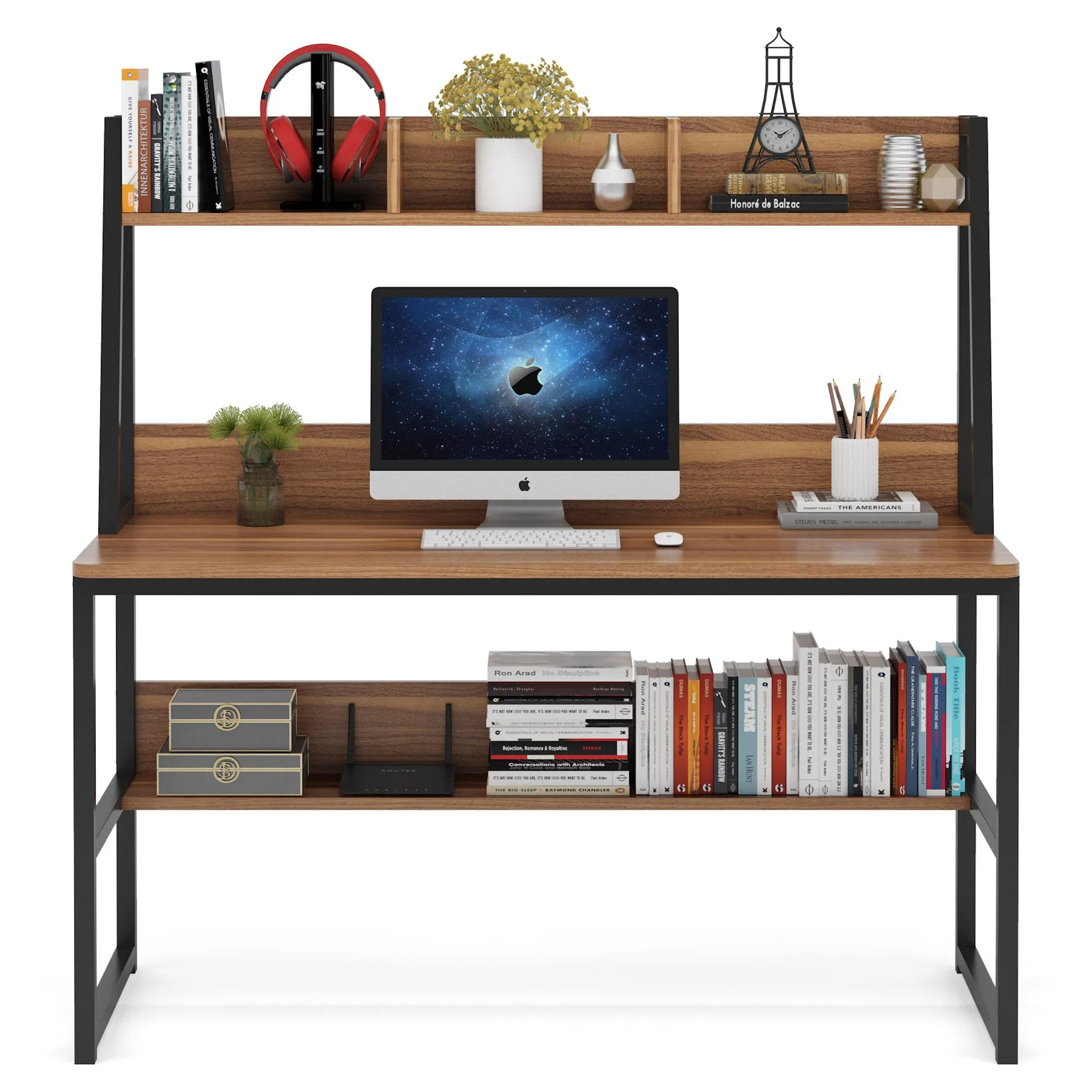 Modern Computer Desk with Hutch, 47" Office Desk with Storage Shelves