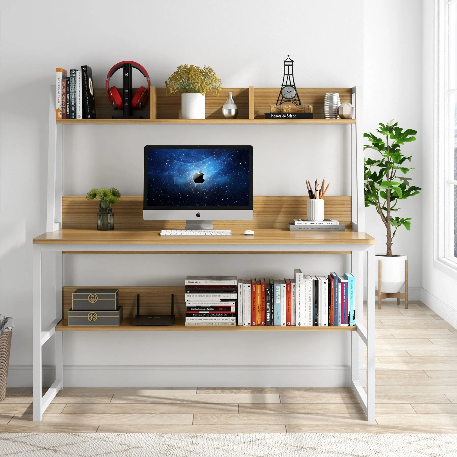 Modern Computer Desk with Hutch, 47" Office Desk with Storage Shelves