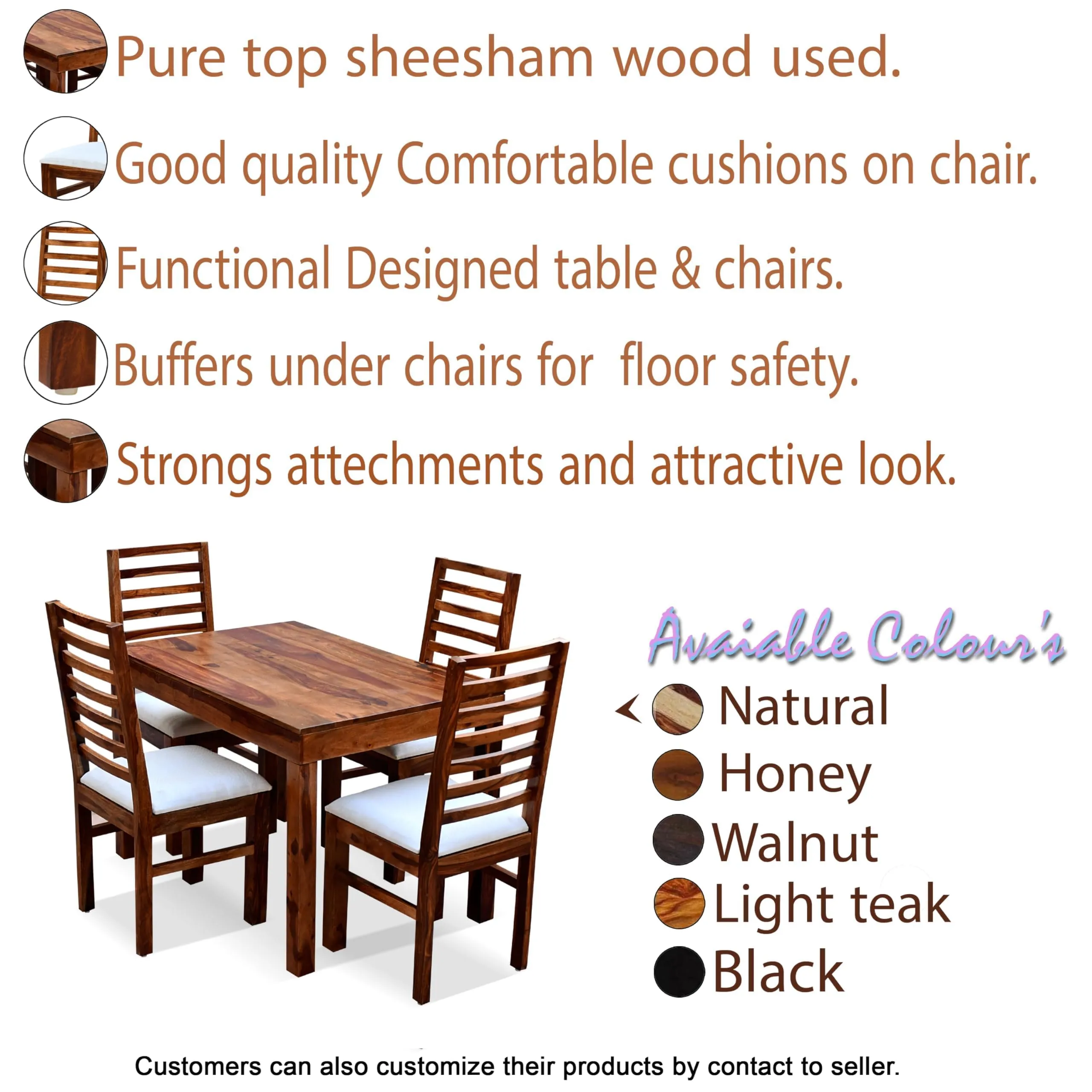 MoonWooden Sheesham Wood 4 Seater Dining Table with Cushioned Chairs for Home Kitchen Dining Room Hotel Solid Wooden Four Seater Dining Set (Natural Finish)