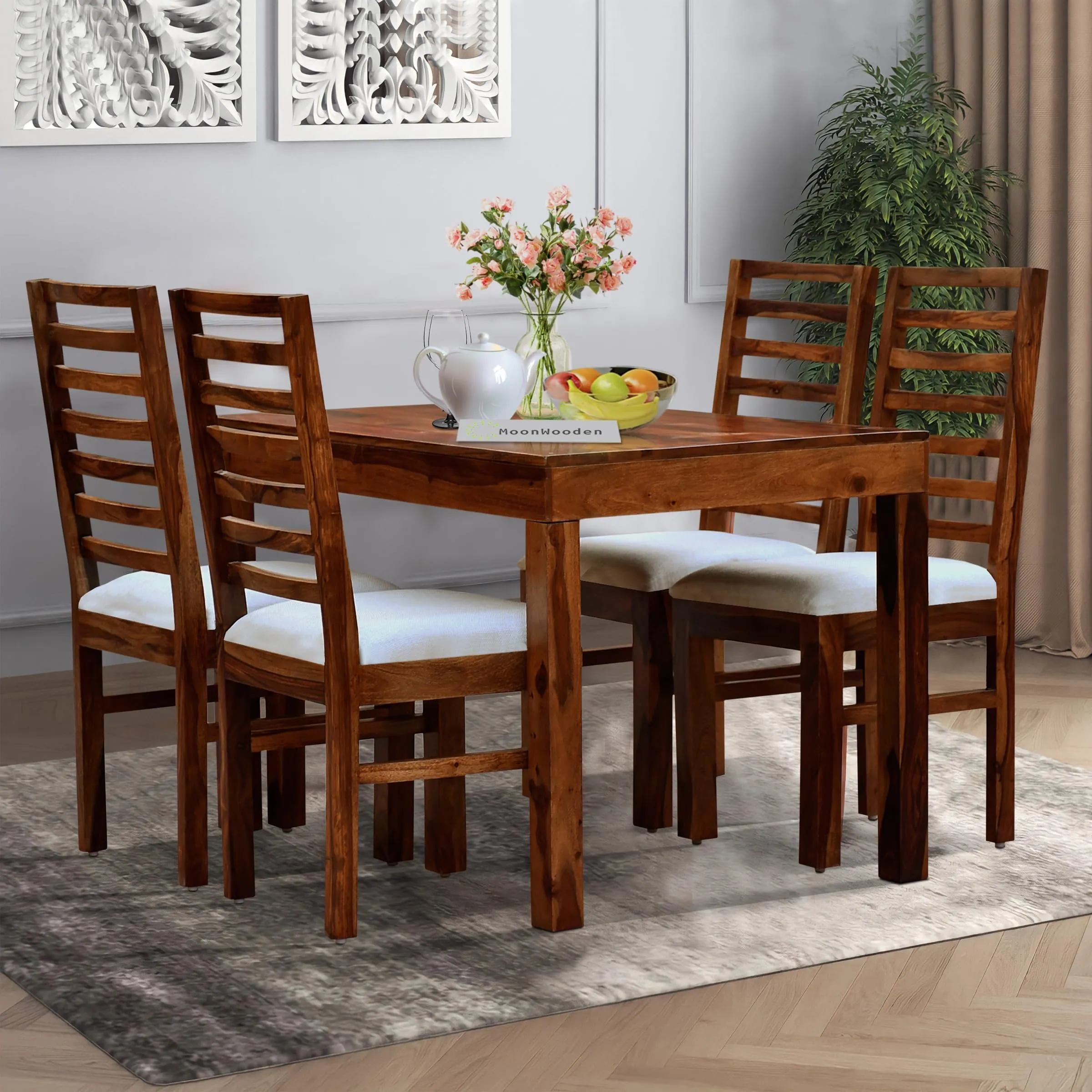 MoonWooden Sheesham Wood 4 Seater Dining Table with Cushioned Chairs for Home Kitchen Dining Room Hotel Solid Wooden Four Seater Dining Set (Natural Finish)