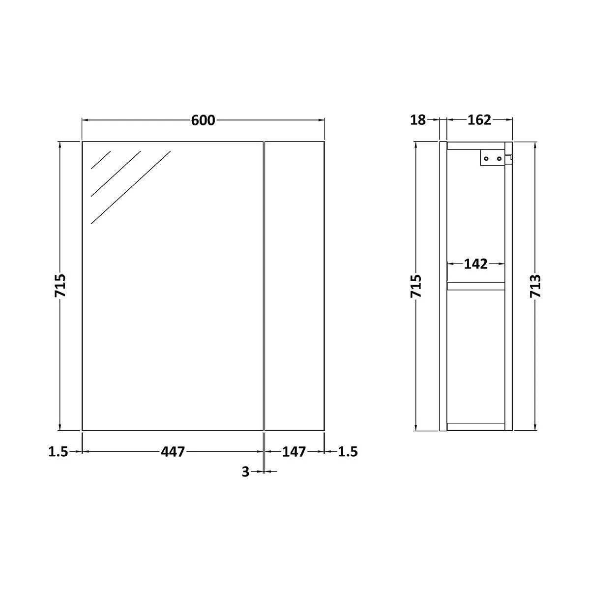 Nuie Athena 600mm 2 Door Mirror Cabinet in Gloss Grey Mist