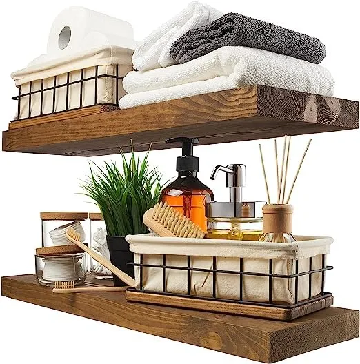 ODEJIA Wood Floating Shelves Set of 2  for Living Room Bedroom Kitchen Bathroom Farmhouse